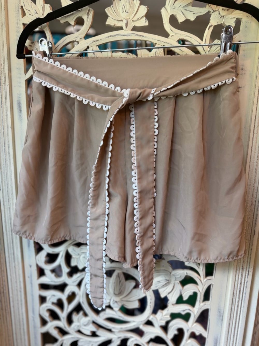 Neutral Taupe Mini Shorts with Scallop Trim